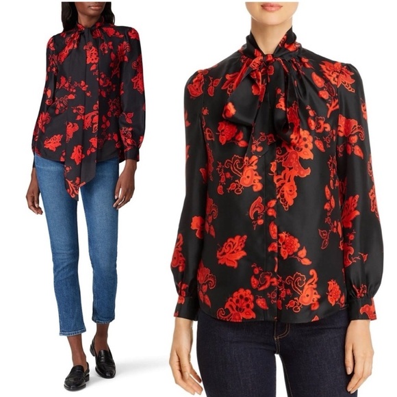 Tory Burch Paisley Silk Bow Blouse Button Down Long Sleeve Red Black Size 2 - Picture 1 of 12